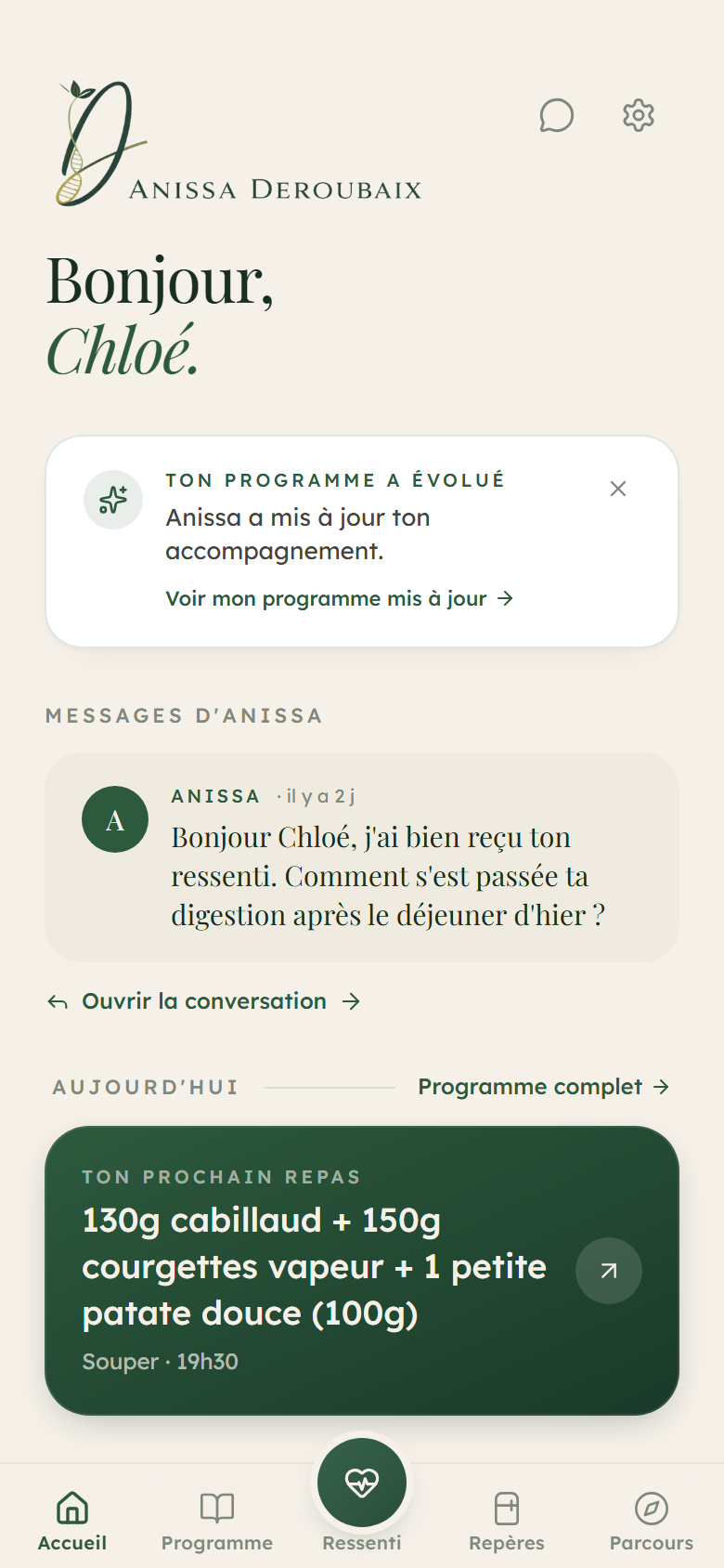 Accueil personnalisé de l'espace privé Anissa Nutrition (données de démonstration)