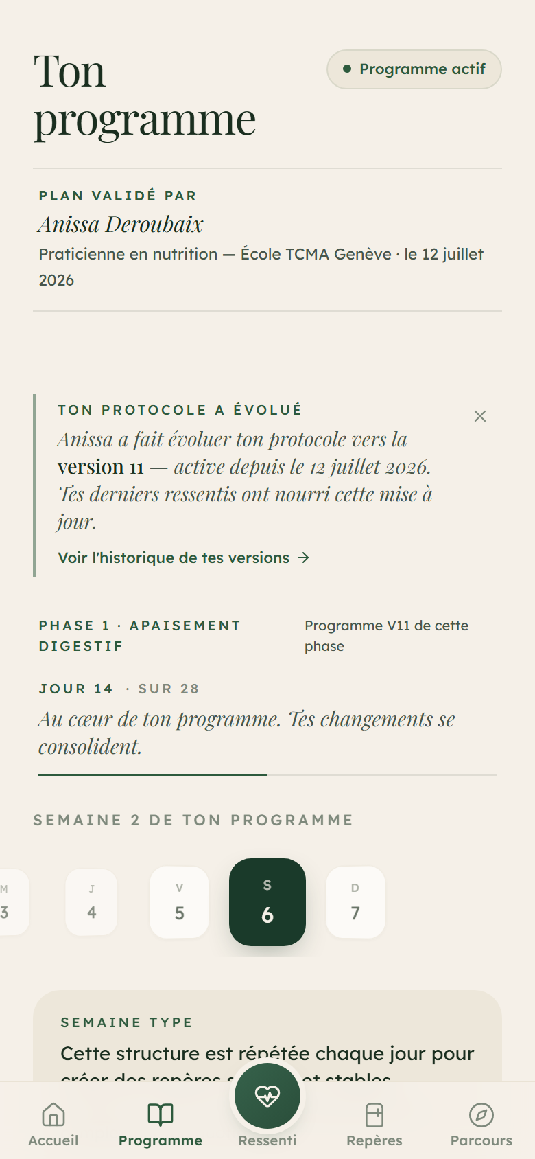 Programme quotidien dans l'espace privé Anissa Nutrition (données de démonstration)